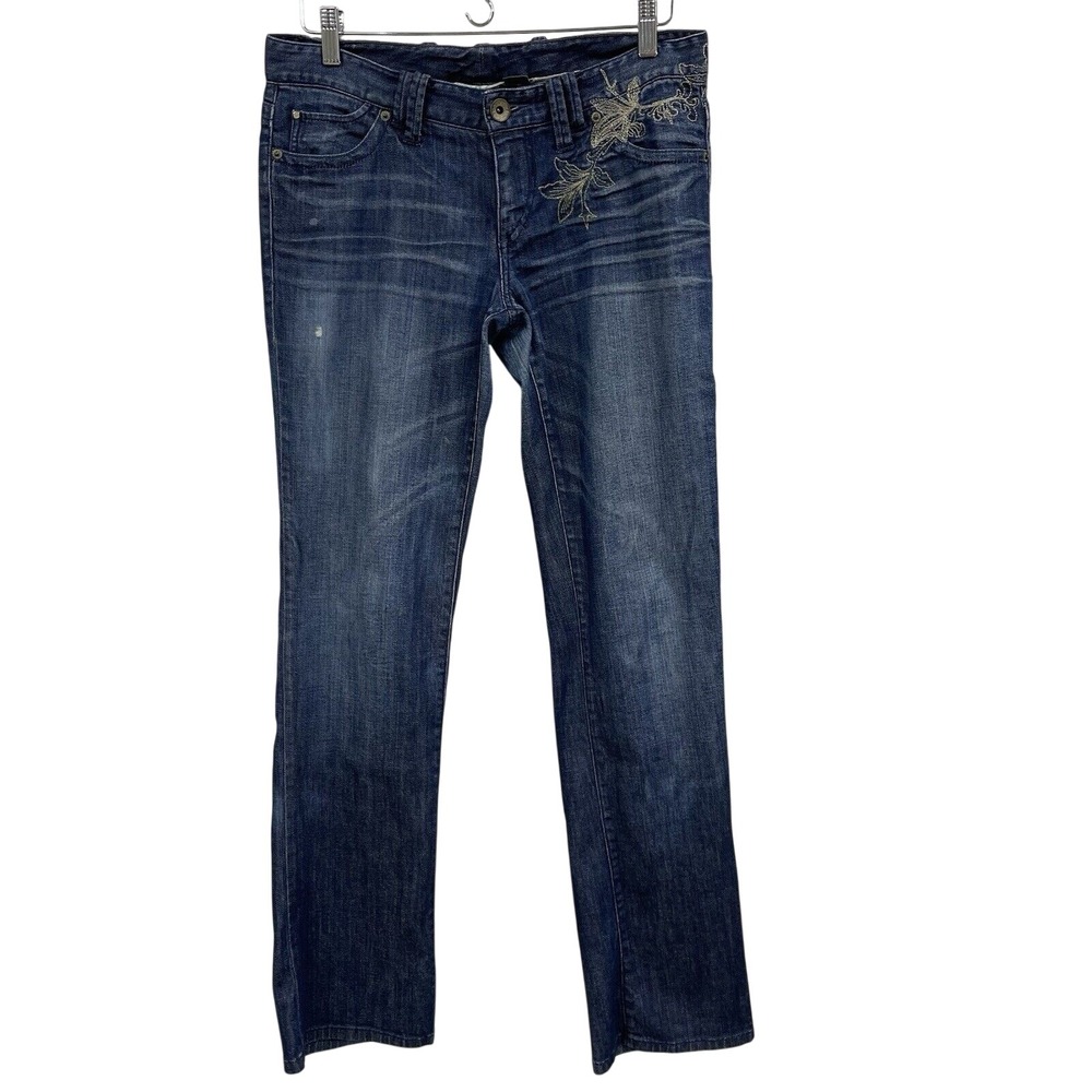 Armani Exchange Womens Floral Embroidered Low Rise Straight Leg Jean Dark Wash 8